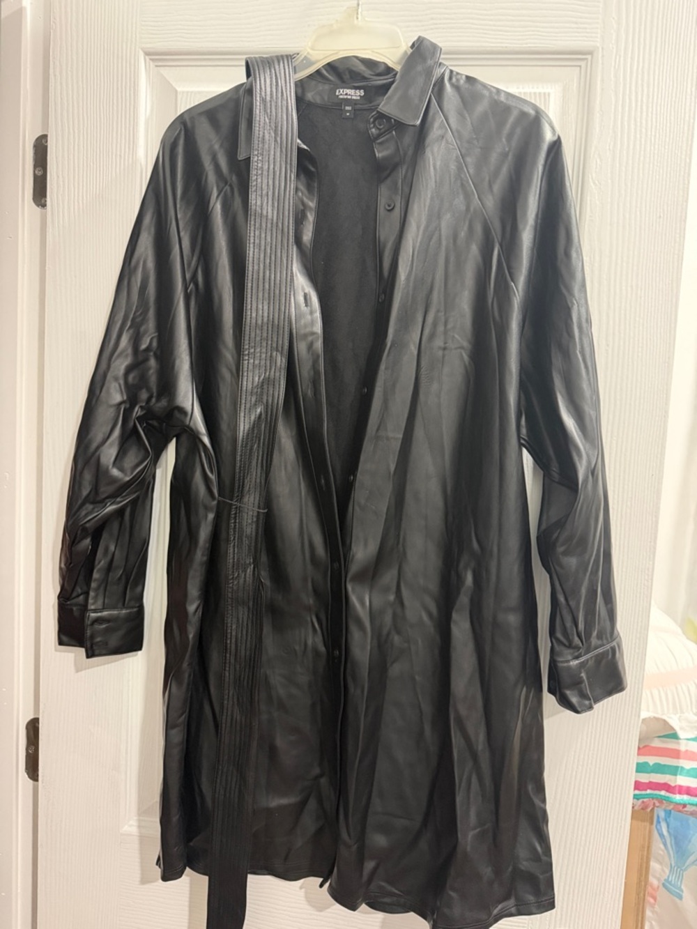 Express Black Leather Dress Coat with Belt